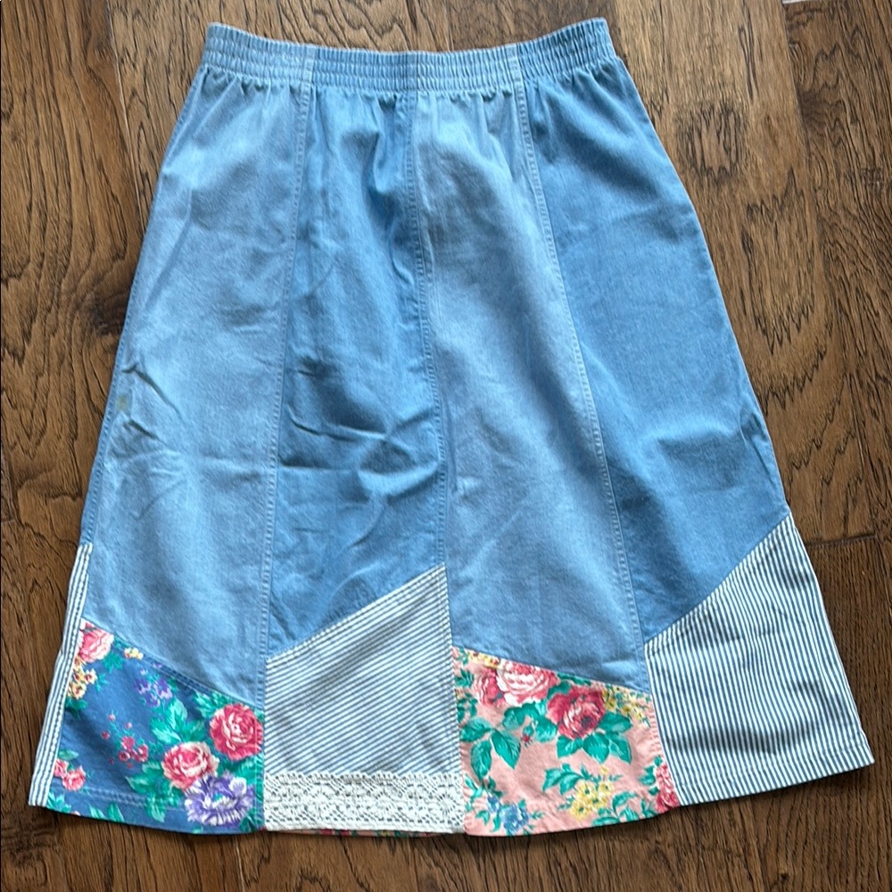 Floral Patchwork Denim Midi Skirt - image 1